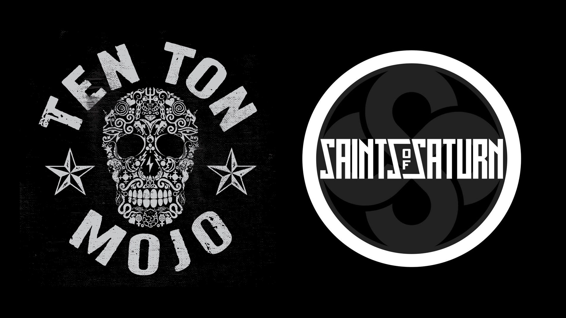 Two band logos: left shows a decorative skull with 