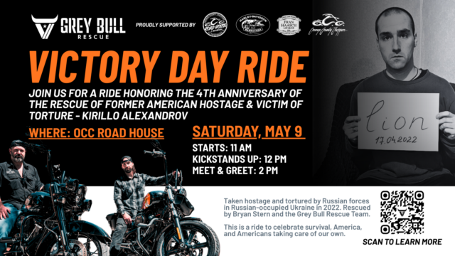 Event flyer for the Victory Day Ride, honoring former hostage Kirillo Alexandrov, with event details, sponsor logos, motorcycle images, and a QR code for more information.