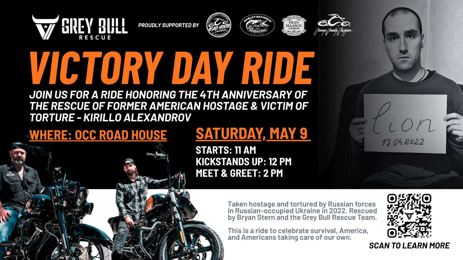 Event flyer for the Victory Day Ride, honoring former hostage Kirillo Alexandrov, with event details, sponsor logos, motorcycle images, and a QR code for more information.