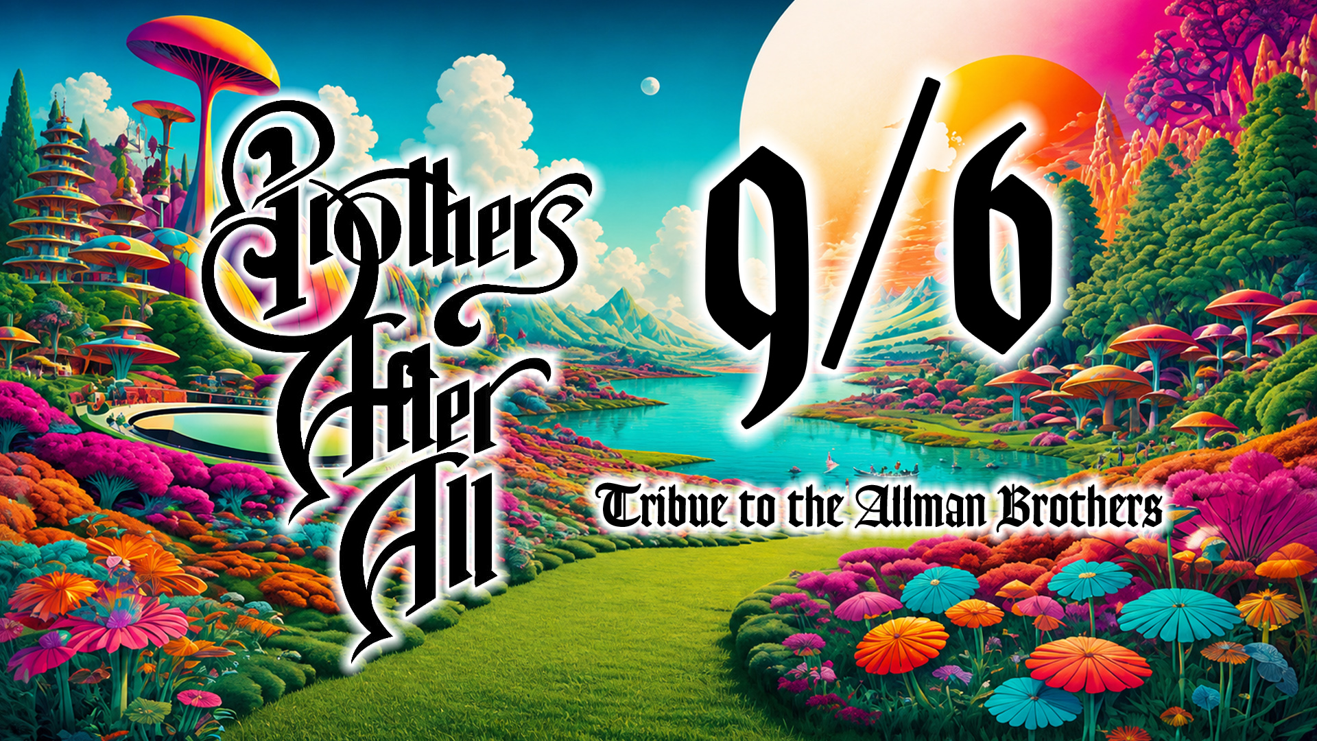 Psychedelic landscape with colorful plants, stylized text 