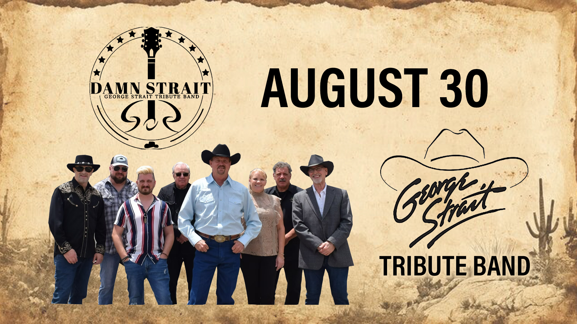 Eight men, some in cowboy hats, stand together in front of a beige background with 