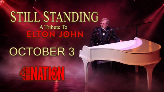 A performer dressed like Elton John plays a white grand piano on stage, with text promoting 