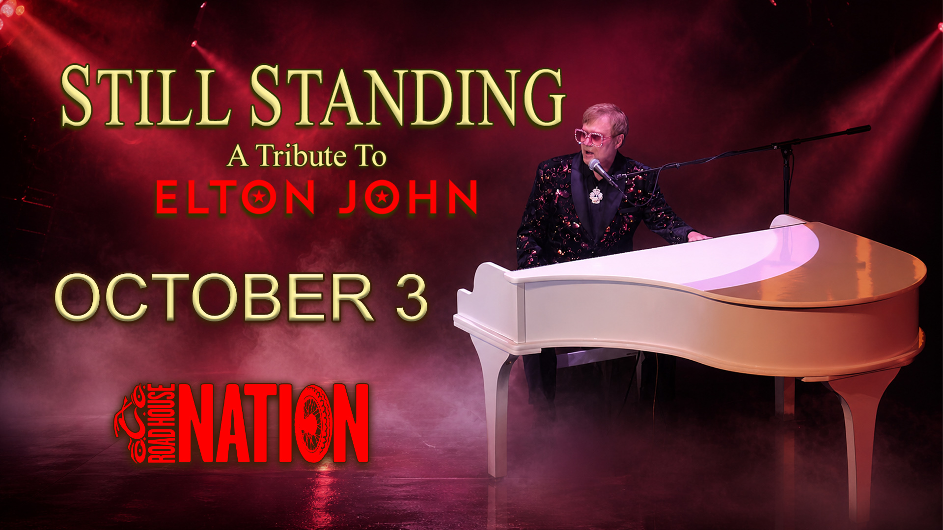 A performer dressed like Elton John plays a white grand piano on stage, with text promoting 