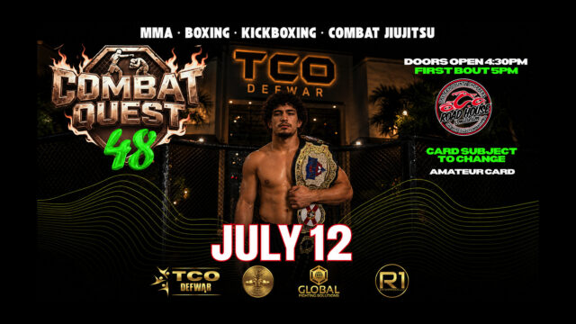 A male fighter holding a championship belt stands in front of TCO DEFWAR. Text promotes 