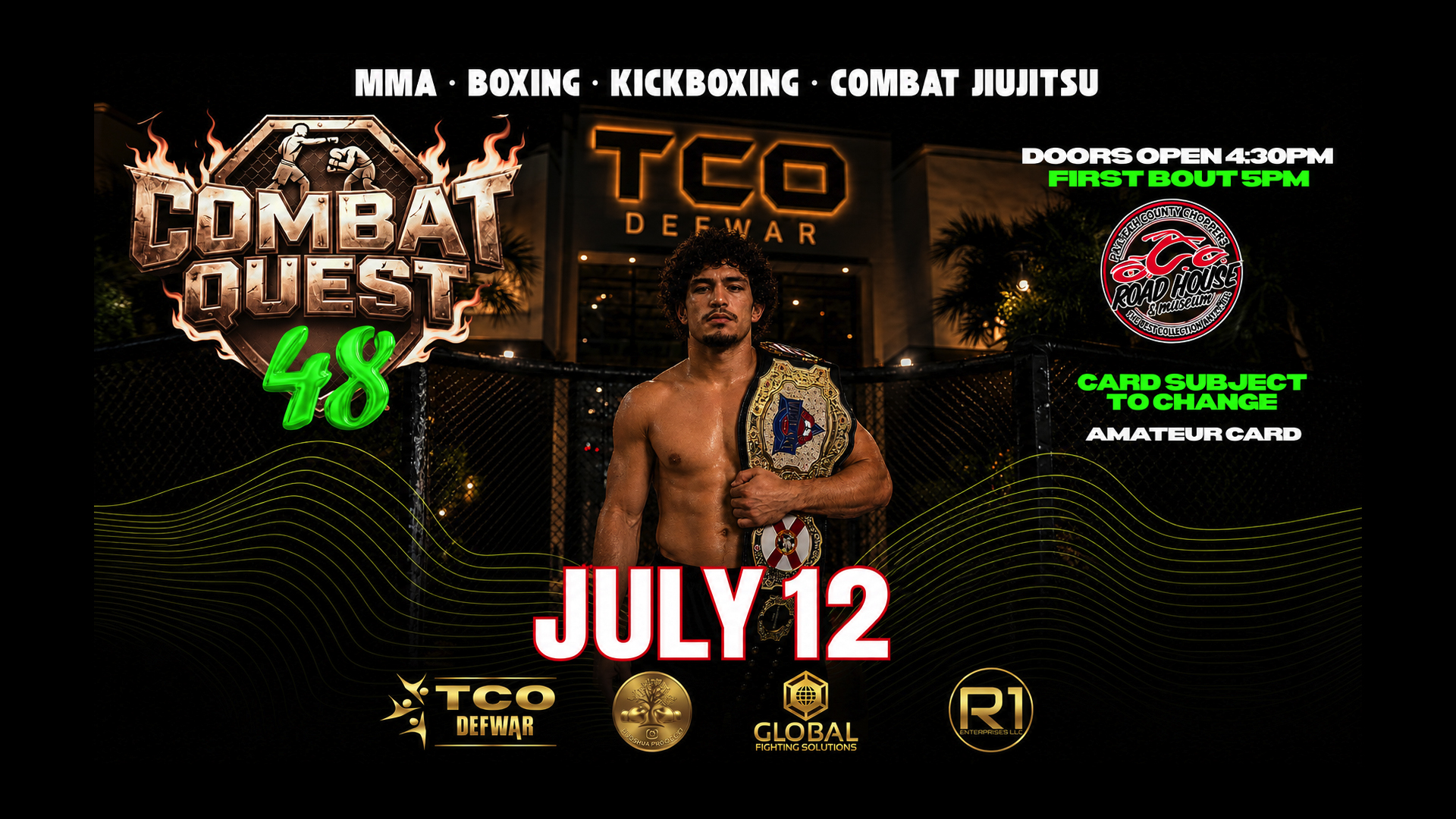 A male fighter holding a championship belt stands in front of TCO DEFWAR. Text promotes 