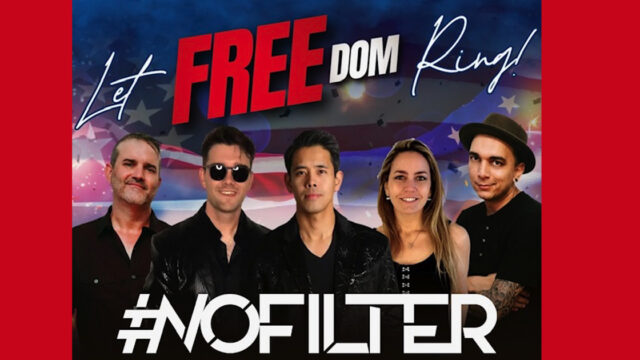 Five people stand in front of a U.S. flag backdrop with the text 
