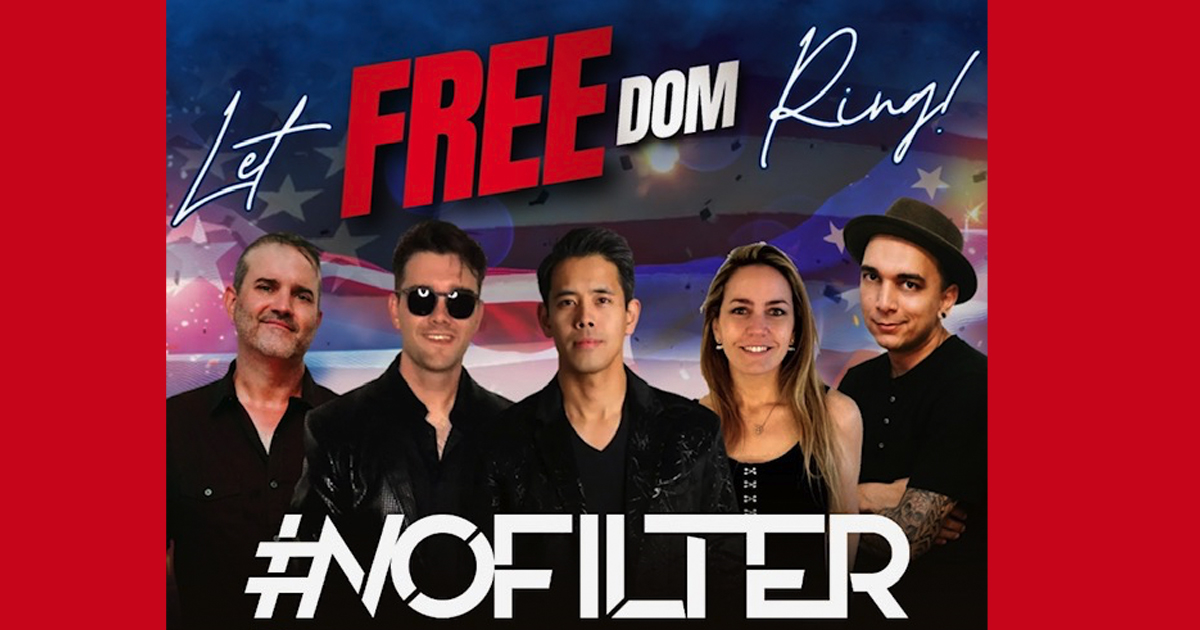 Five people stand in front of a U.S. flag backdrop with the text 