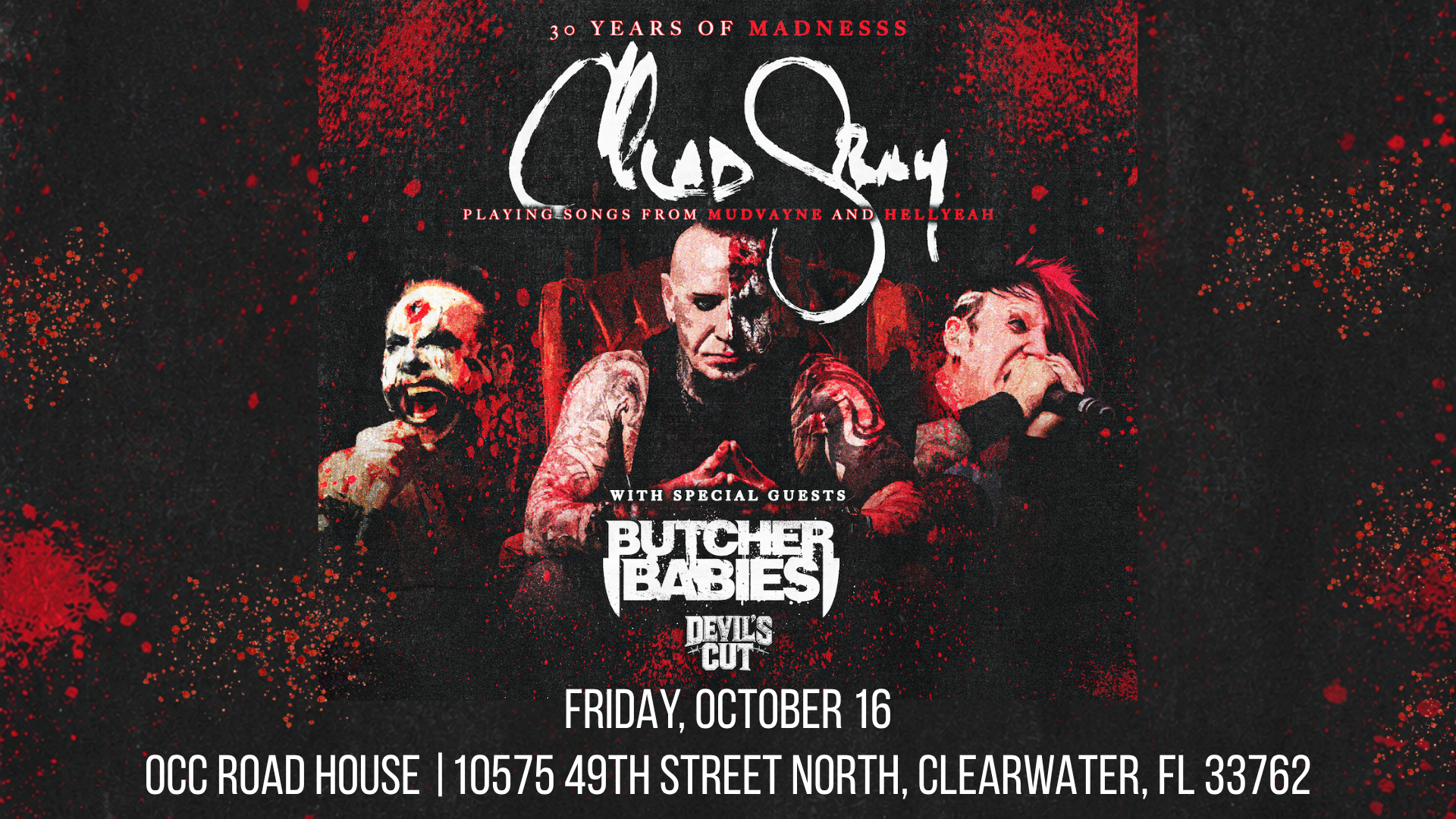 Concert poster for Mudvayne’s 30 Years of Madness tour, featuring special guests Butcher Babies and Devil’s Cut. Event details: October 16, OCC Road House, Clearwater, FL.