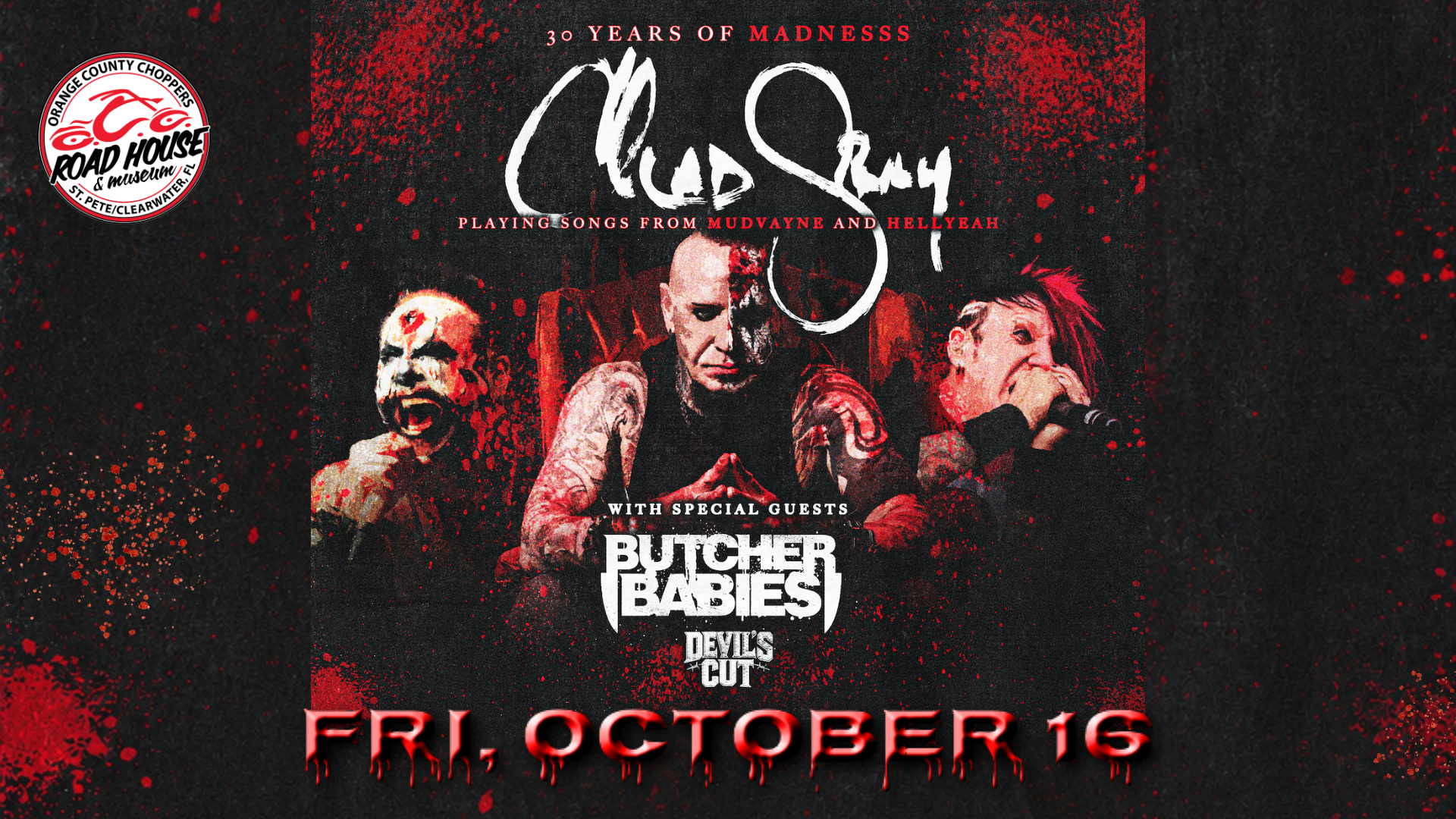 Concert poster for Chad Gray with special guests Butcher Babies and Devils Cut, featuring three band members in makeup and text stating 