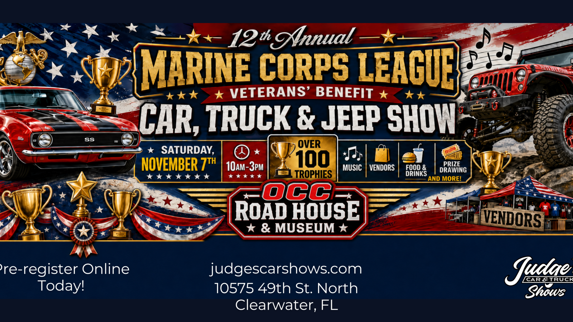 Event flyer for the 12th Annual Marine Corps League Veterans' Benefit Car, Truck & Jeep Show at OCC Road House & Museum in Clearwater, FL, featuring trophies, vehicles, and event details.