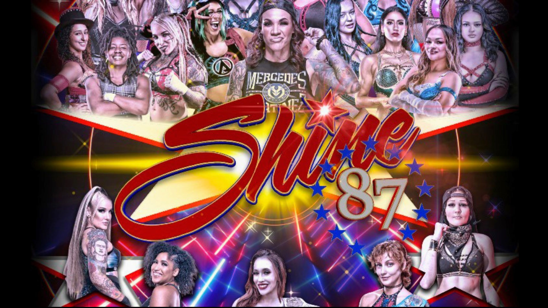 Poster for Shine 87 features a group of female wrestlers posing, with the event title 