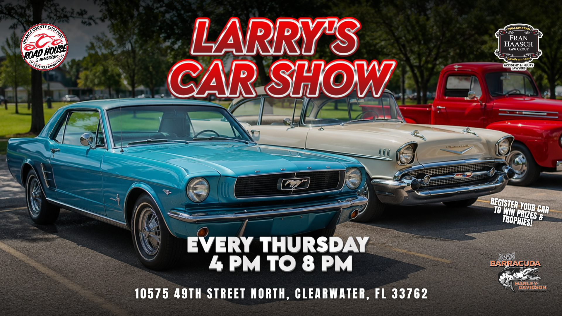 Classic cars parked in a lot with text promoting Larry's Car Show, held every Thursday from 4 PM to 8 PM at 10575 49th Street North, Clearwater, FL.