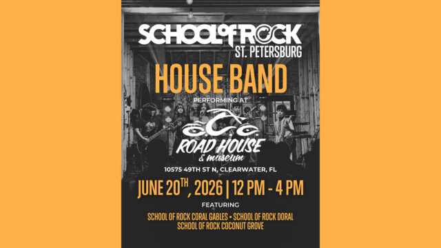 School of Rock St. Petersburg House Band performing at Road House & Museum, Clearwater, on June 20, 2026, from 12 PM to 4 PM. Event features several School of Rock locations.