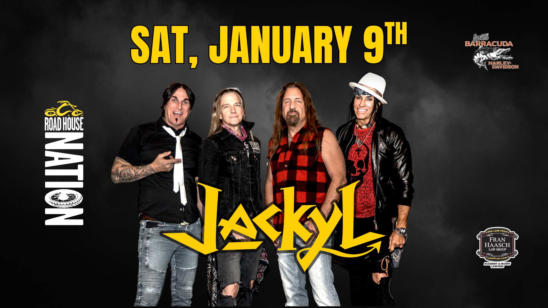 Four men stand in front of a dark background with “SAT, JANUARY 9TH,” 