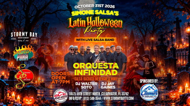Event poster for Simone Salsa’s Latin Halloween Party on October 31, 2026, featuring Orquesta Infinidad, DJ Walter Soto, and DJ Jay Gaines at 10575 49th Street North, Clearwater, FL.