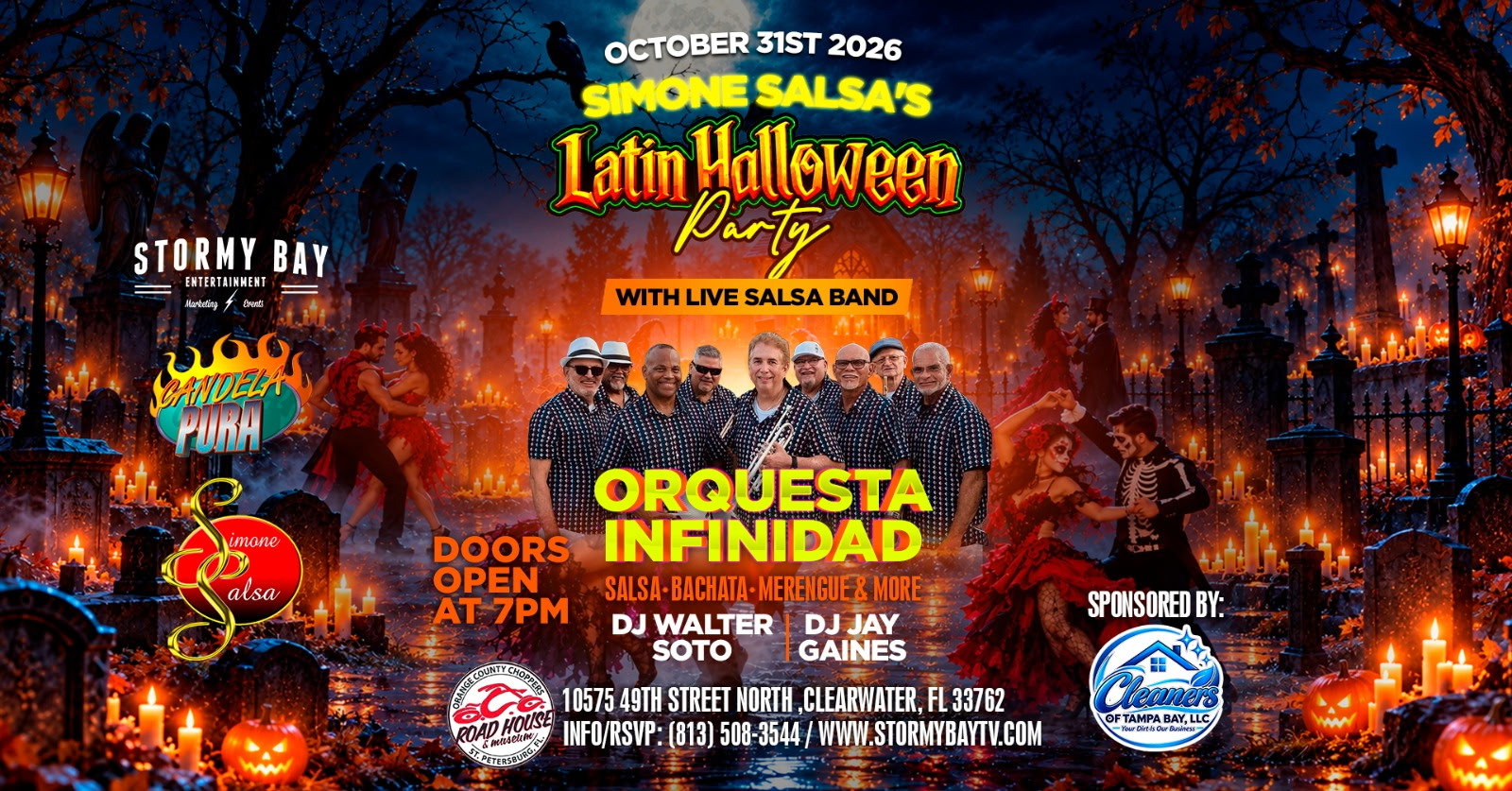 Event poster for Simone Salsa’s Latin Halloween Party on October 31, 2026, featuring Orquesta Infinidad, DJ Walter Soto, and DJ Jay Gaines at 10575 49th Street North, Clearwater, FL.