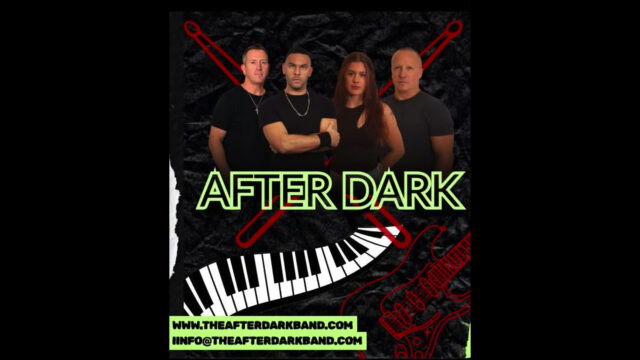 Four band members stand in front of a textured black background with red drumsticks, a keyboard, and a guitar. The text reads 