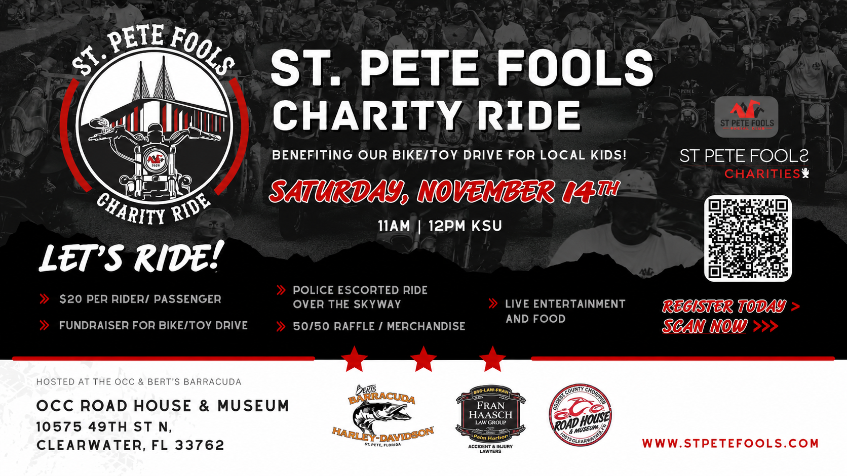Flyer for “St. Pete Fools Charity Ride” on Nov 14, with bike toy fundraiser, police escort, live music, and food at OCC Road House, Clearwater, FL. Registration details included.