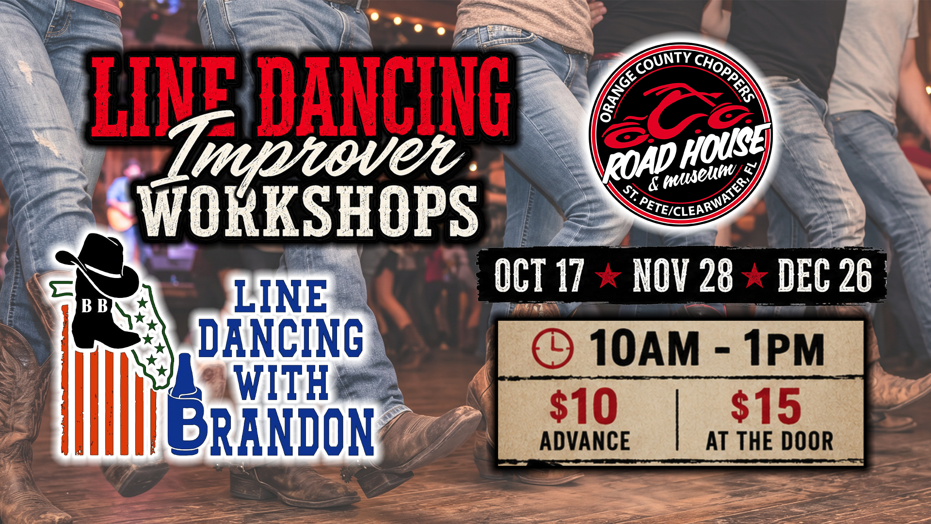 Poster for line dancing workshops at Orange County Choppers, Oct 17, Nov 28, and Dec 26, 10AM-1PM; tickets $10 advance or $15 at door; features 