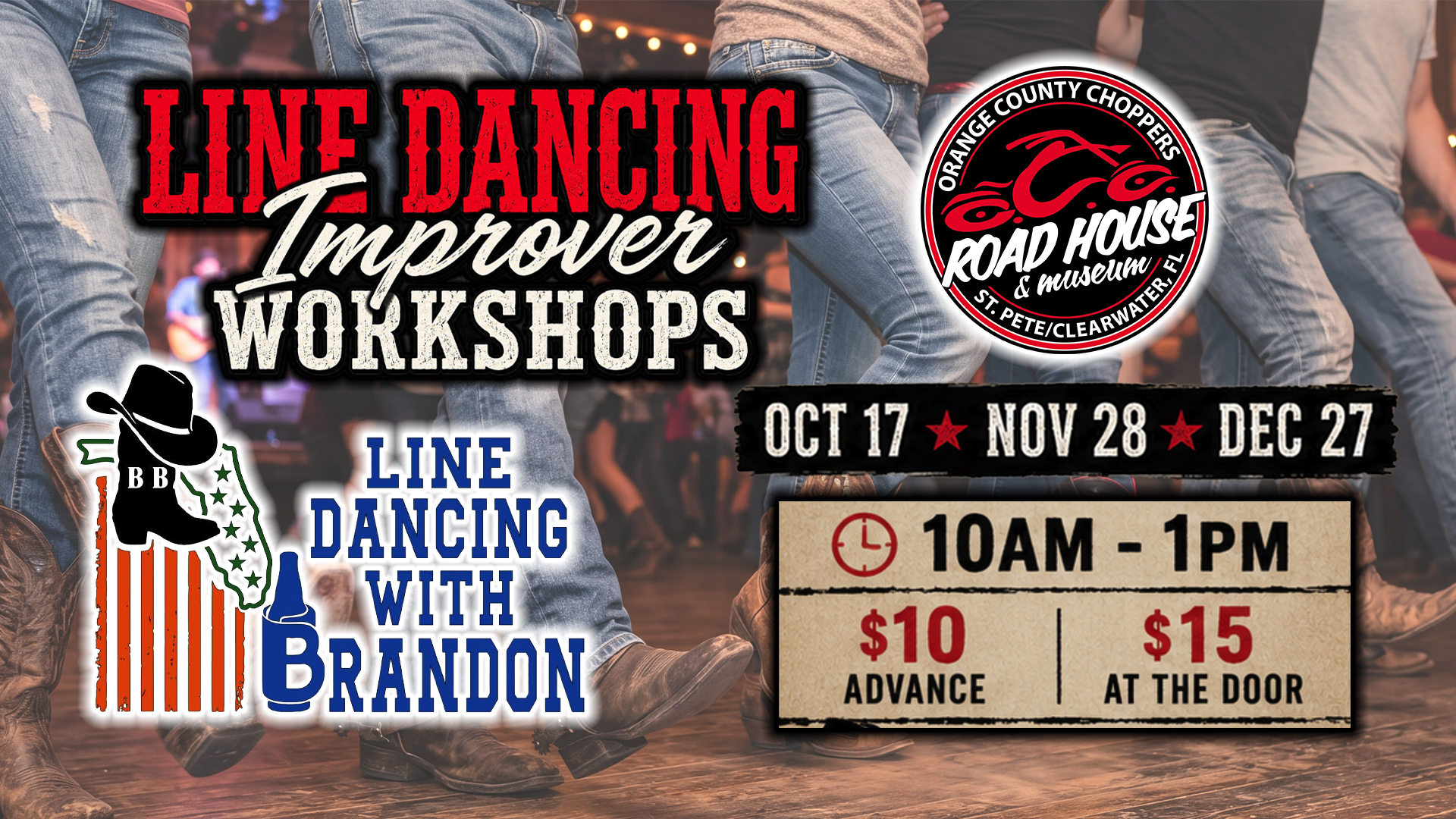 Poster advertising line dancing workshops at Road House Museum, Oct 17, Nov 28, Dec 27, 10AM-1PM, $10 advance, $15 at the door, featuring Line Dancing with Brandon.