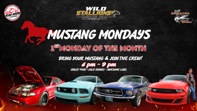 Four Ford Mustang cars are lined up in front of a “Mustang Mondays” event poster with details about a monthly car meet, food, drinks, and timing from 6 pm to 9 pm.