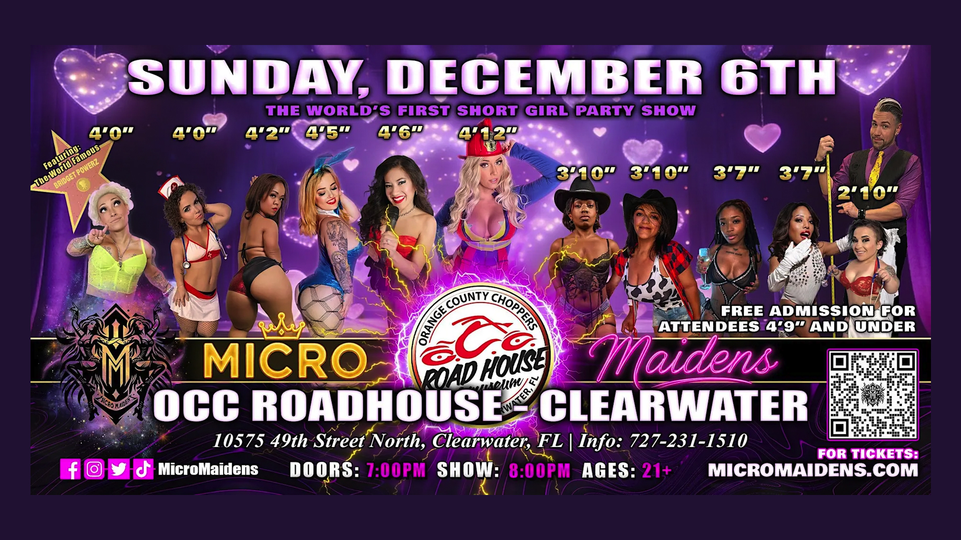 Promotional poster for a December 6th Micro Maidens event at OCC Roadhouse in Clearwater, featuring performers, event details, and ticket info.
