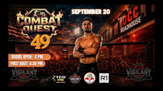 Promotional poster for Combat Quest 49 on September 20, featuring a fighter in a cage, with event details and sponsor logos displayed.