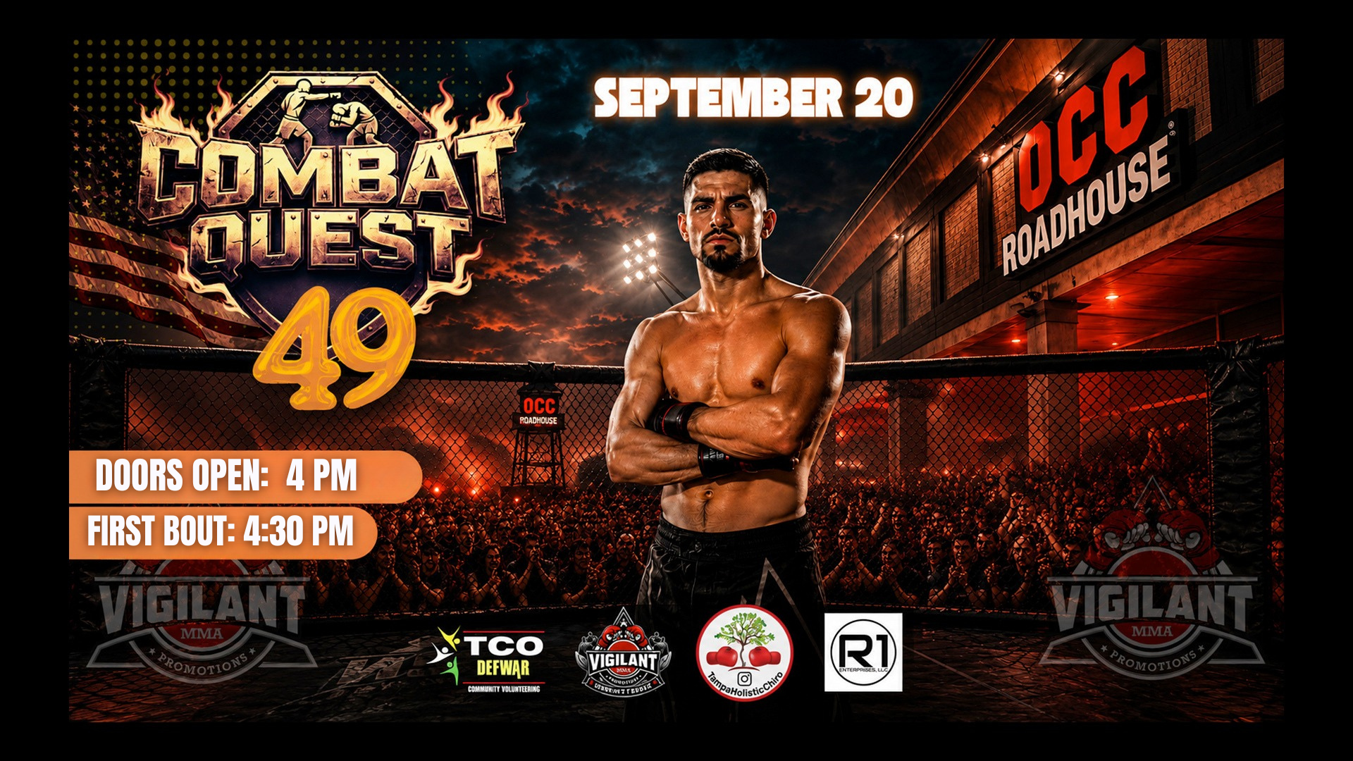 Promotional poster for Combat Quest 49 on September 20, featuring a fighter in a cage, with event details and sponsor logos displayed.