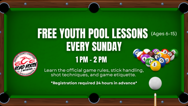 Green pool table graphic promoting free youth pool lessons for ages 6-15 every Sunday from 1-2 PM, with registration required 24 hours in advance.