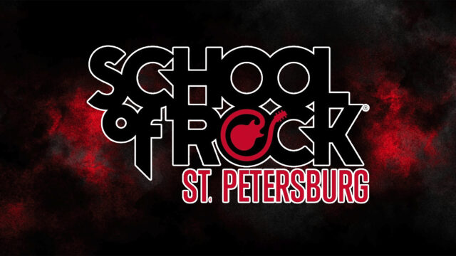 School of Rock St. Petersburg logo with bold white and red text on a black and red smoky background.
