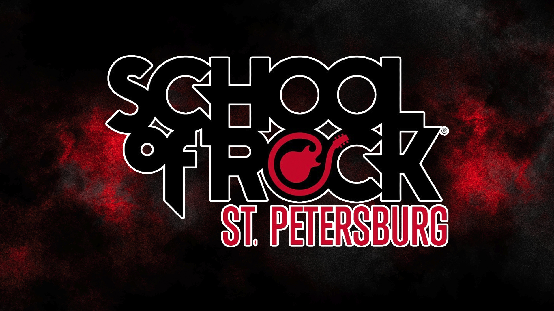 School of Rock St. Petersburg logo with bold white and red text on a black and red smoky background.