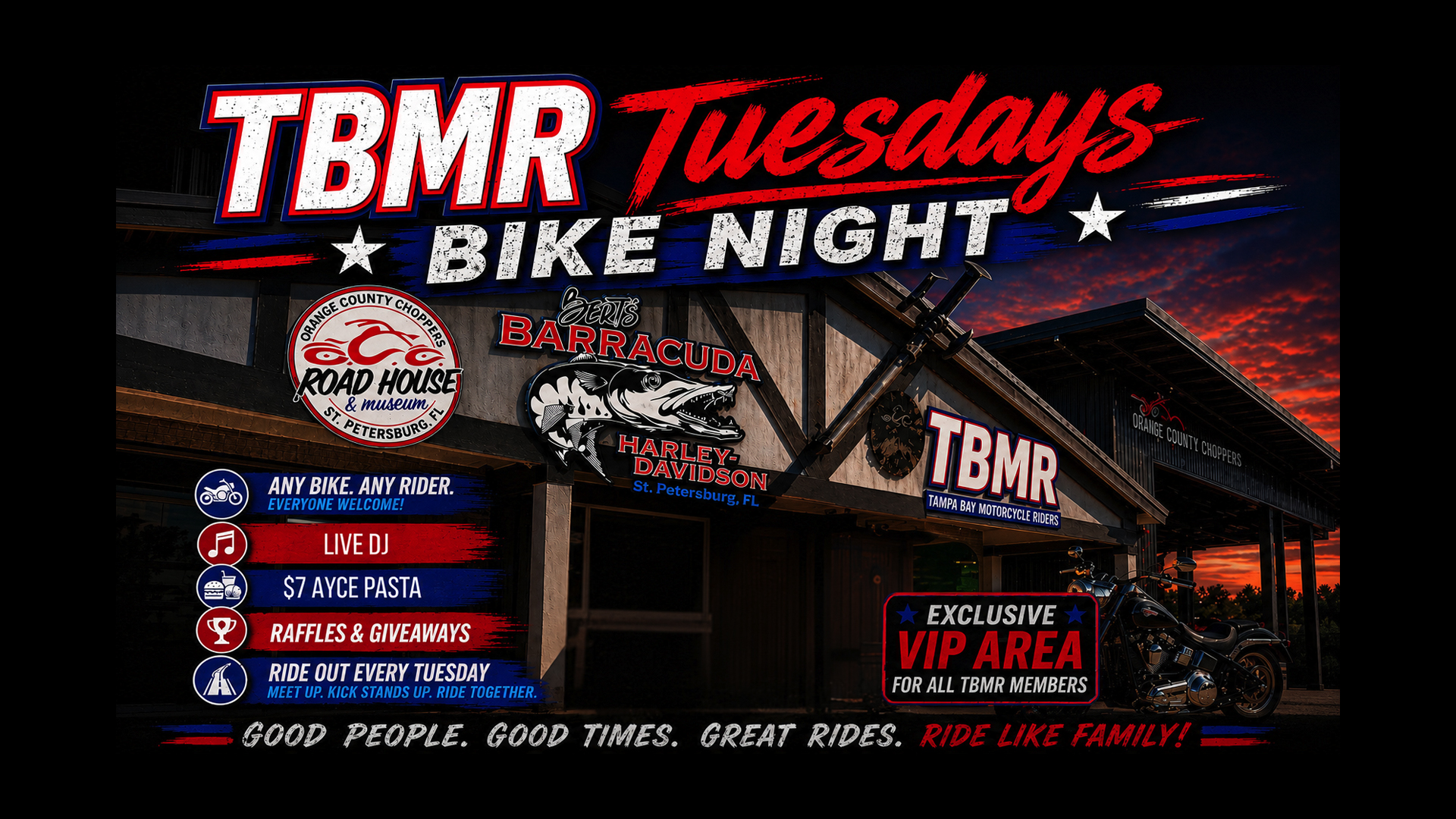 Promotional poster for TBMR Tuesdays Bike Night at Bert's Barracuda Harley-Davidson, featuring event details, logos, motorcycles, and a building exterior.