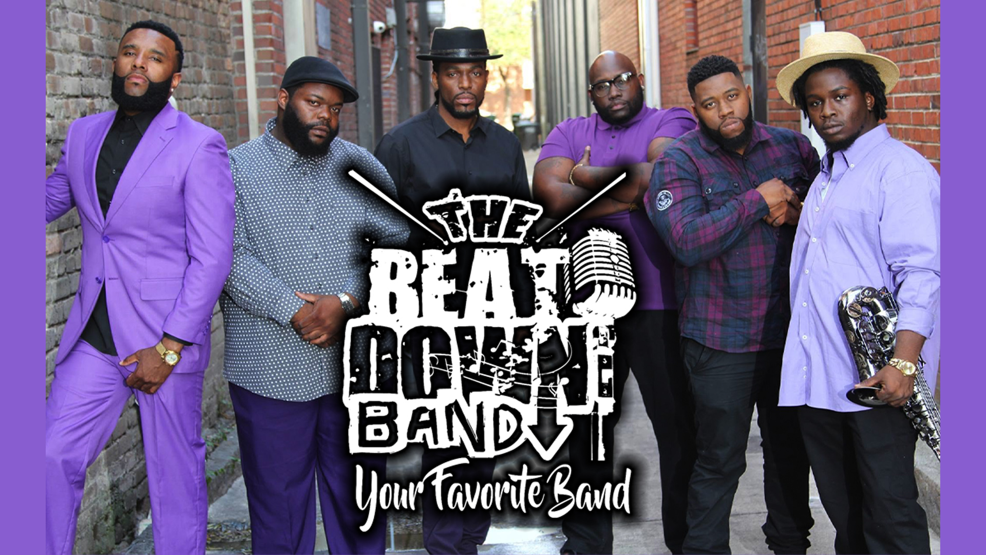 Six men pose in an alley with musical instruments, wearing coordinated purple and black outfits. Text on image reads: 