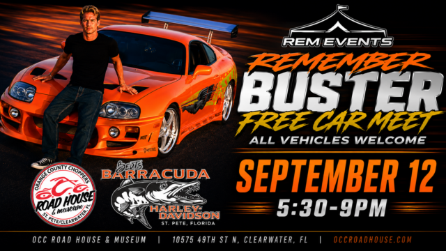 A man stands next to an orange sports car. Text reads: Remember Buster Free Car Meet, September 12, 5:30-9pm, OCC Road House & Museum, Clearwater, FL. All vehicles welcome.