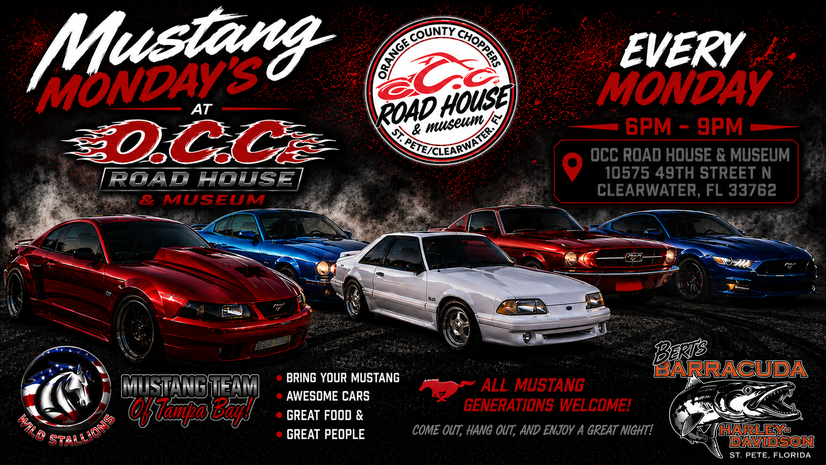 Flyer for Mustang Mondays at OCC Road House & Museum in Clearwater, FL, featuring images of Ford Mustangs, event details, sponsor logos, and invitation to all Mustang generations.
