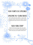 A festive menu lists New Year’s Eve specials: linguine with clam sauce and a New York strip steak, with blue fireworks illustrations around the border.
