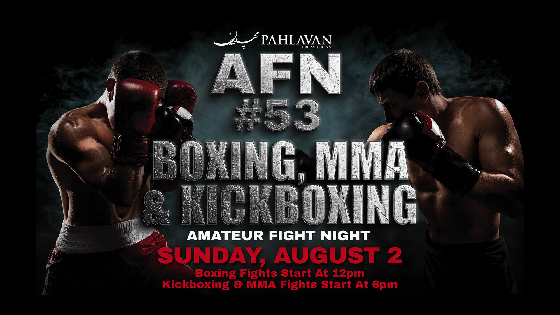 Two men boxing in a dark setting with text promoting 