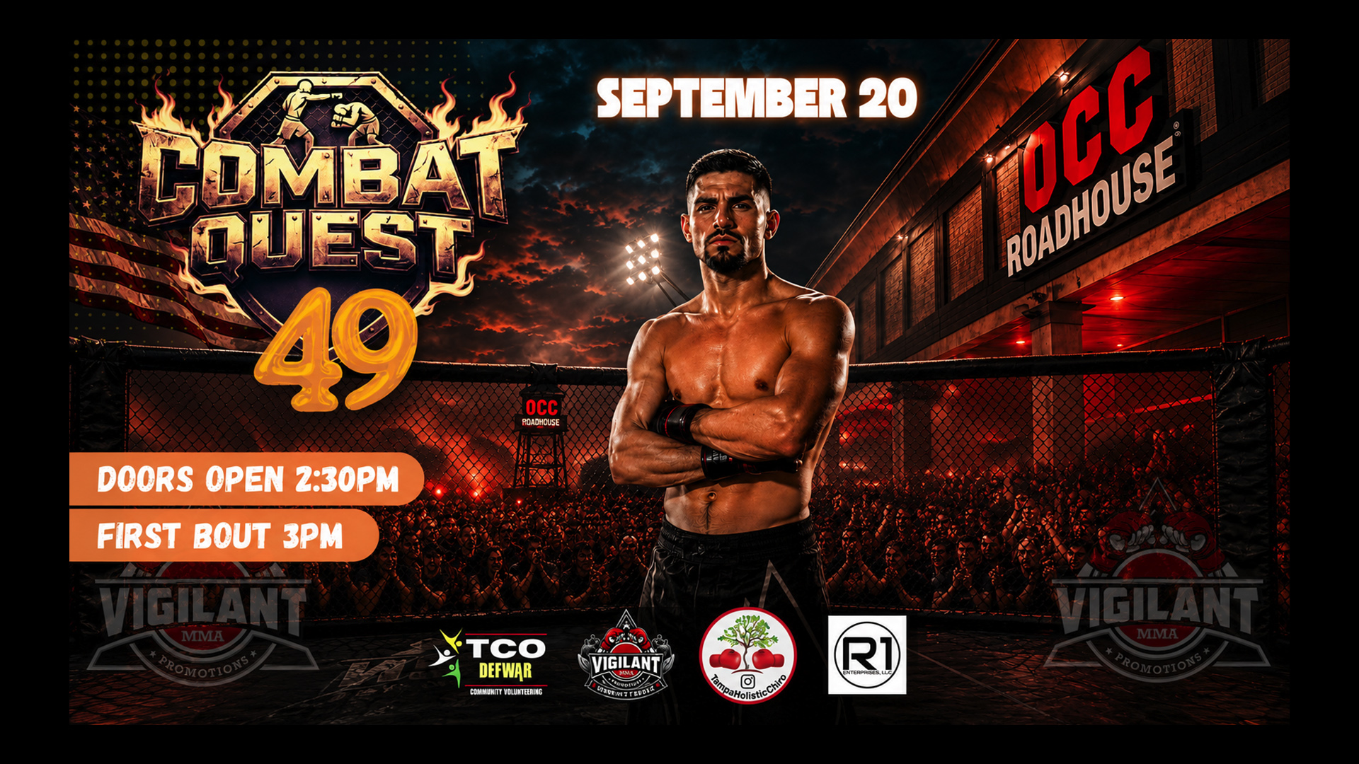 A male MMA fighter stands in a cage under stadium lights for Combat Quest 49, September 20 at OCC Roadhouse. Doors open 2:30 PM, first bout 3 PM. Multiple sponsor logos are visible.