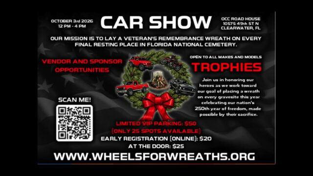 Car show flyer with event details, sponsor and vendor info, QR code, trophy announcement, and website link on a black background with a holiday wreath graphic.
