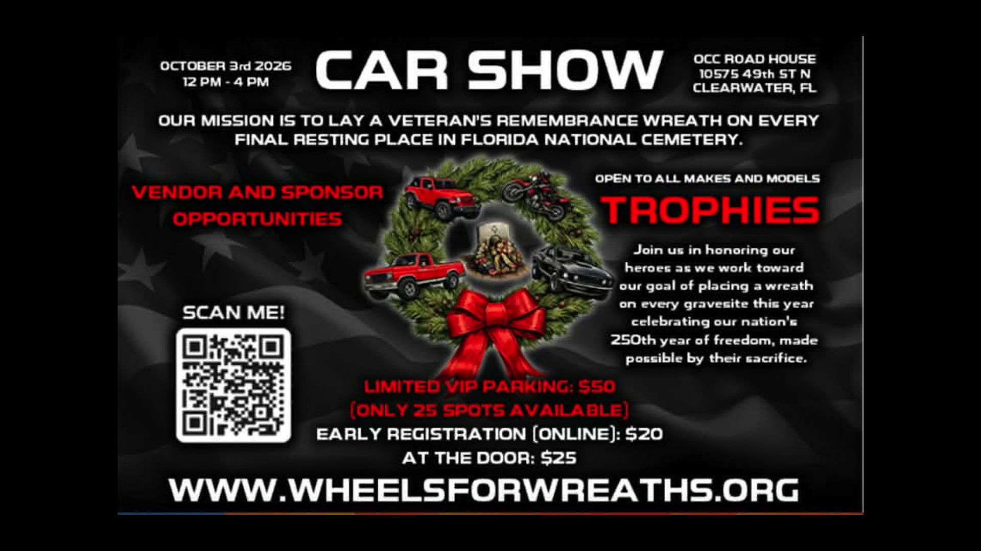 Car show flyer with event details, sponsor and vendor info, QR code, trophy announcement, and website link on a black background with a holiday wreath graphic.