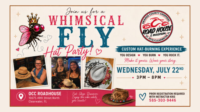 Event flyer for a whimsical hat-decorating party at OCC Roadhouse in Clearwater, FL, on Wednesday, July 22, 3-8 PM, featuring custom hat decoration and registration info.