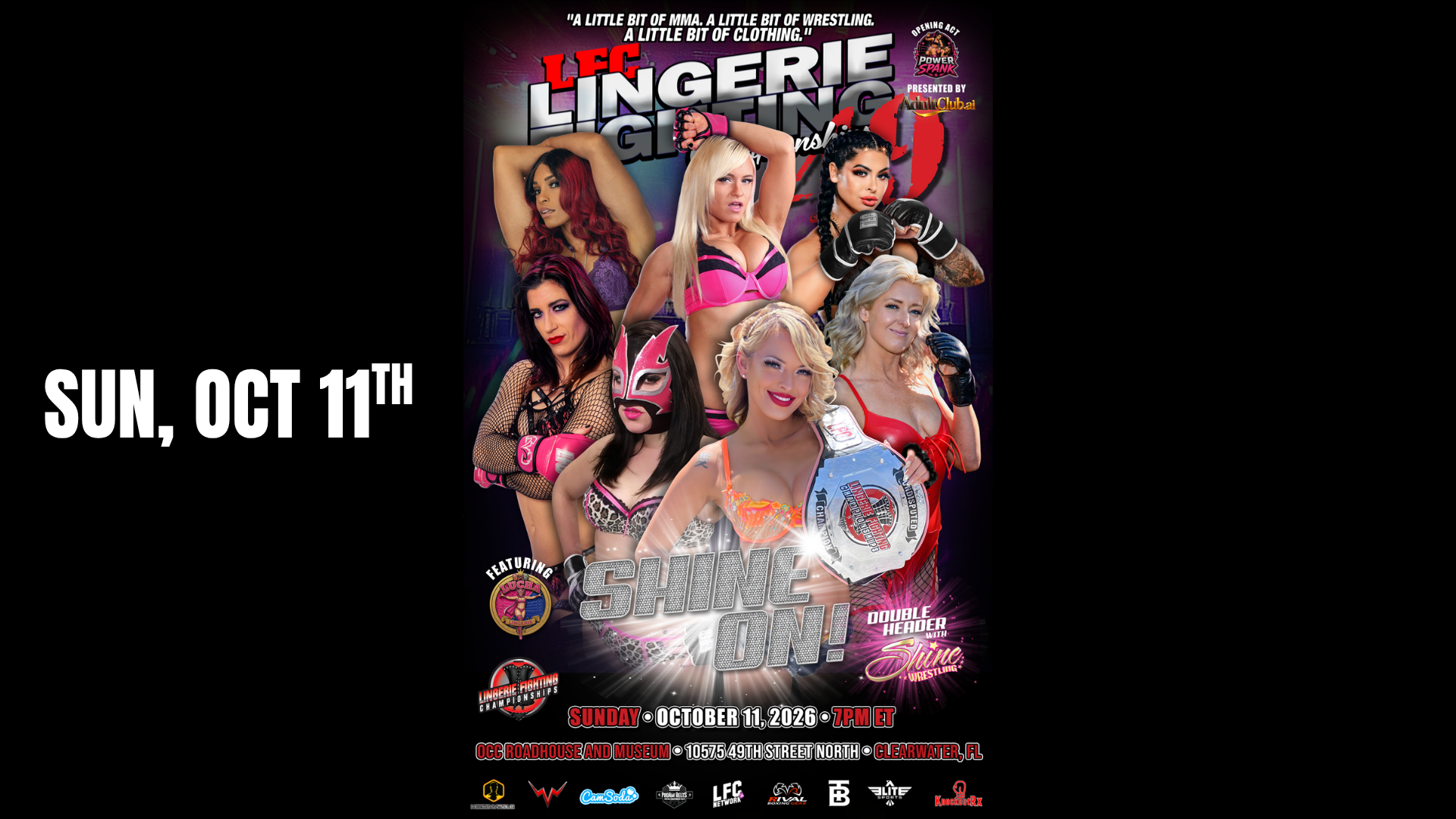 Promotional poster for “LFC Lingerie Gladiators: Shine On!” event, featuring seven female fighters in lingerie. Event is on Sunday, October 11, 2026, at 15751 Sherman Way, Van Nuys, CA.