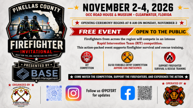 Event flyer for the Pinellas County Firefighter Invitational, Nov 2-4, 2026 in Clearwater, FL, highlighting an RIT competition, schedules, sponsors, and social media links.