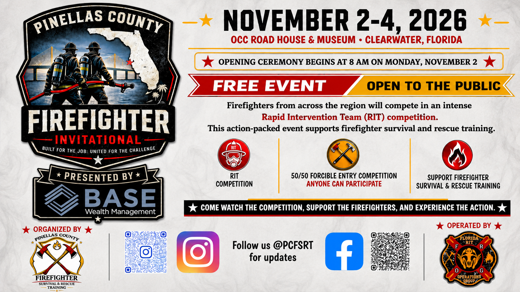 Event flyer for the Pinellas County Firefighter Invitational, Nov 2-4, 2026 in Clearwater, FL, highlighting an RIT competition, schedules, sponsors, and social media links.