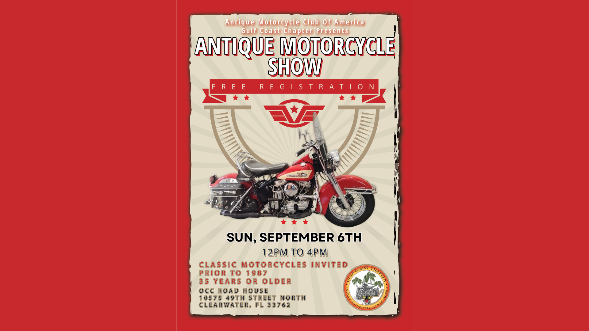 Poster for an Antique Motorcycle Show on September 6th, 12-4 PM, in Clearwater, FL, featuring a red vintage motorcycle and event registration details.