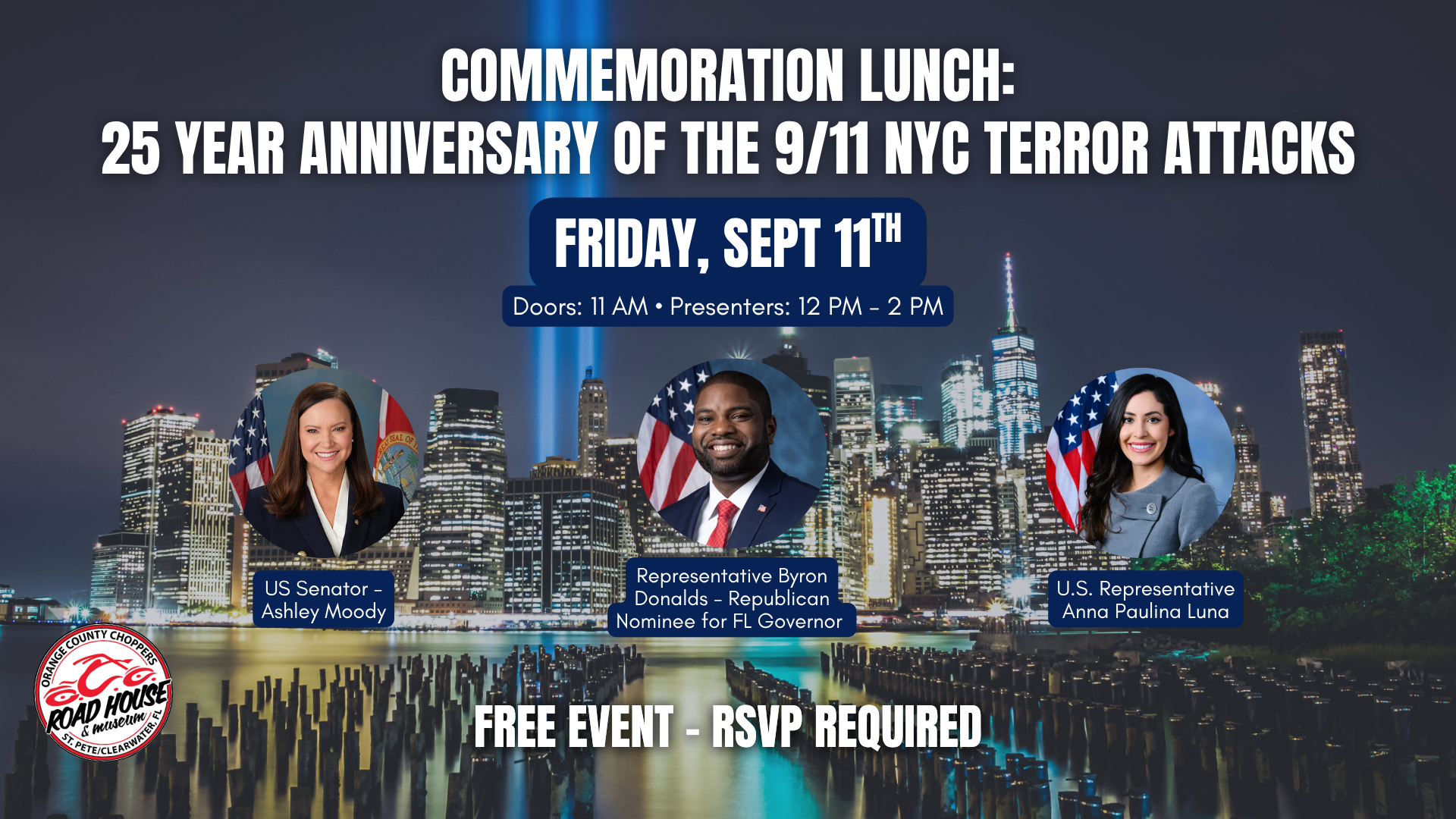 Event flyer for a 25th anniversary 9/11 NYC terror attack commemoration lunch, with three speakers pictured against a city skyline. Event details, date, and RSVP info are shown.