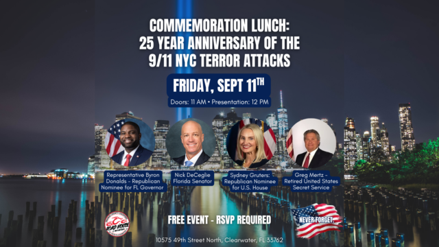 Event flyer for a 9/11 commemoration lunch featuring four speakers, event details, and NYC skyline with Tribute in Light beams.