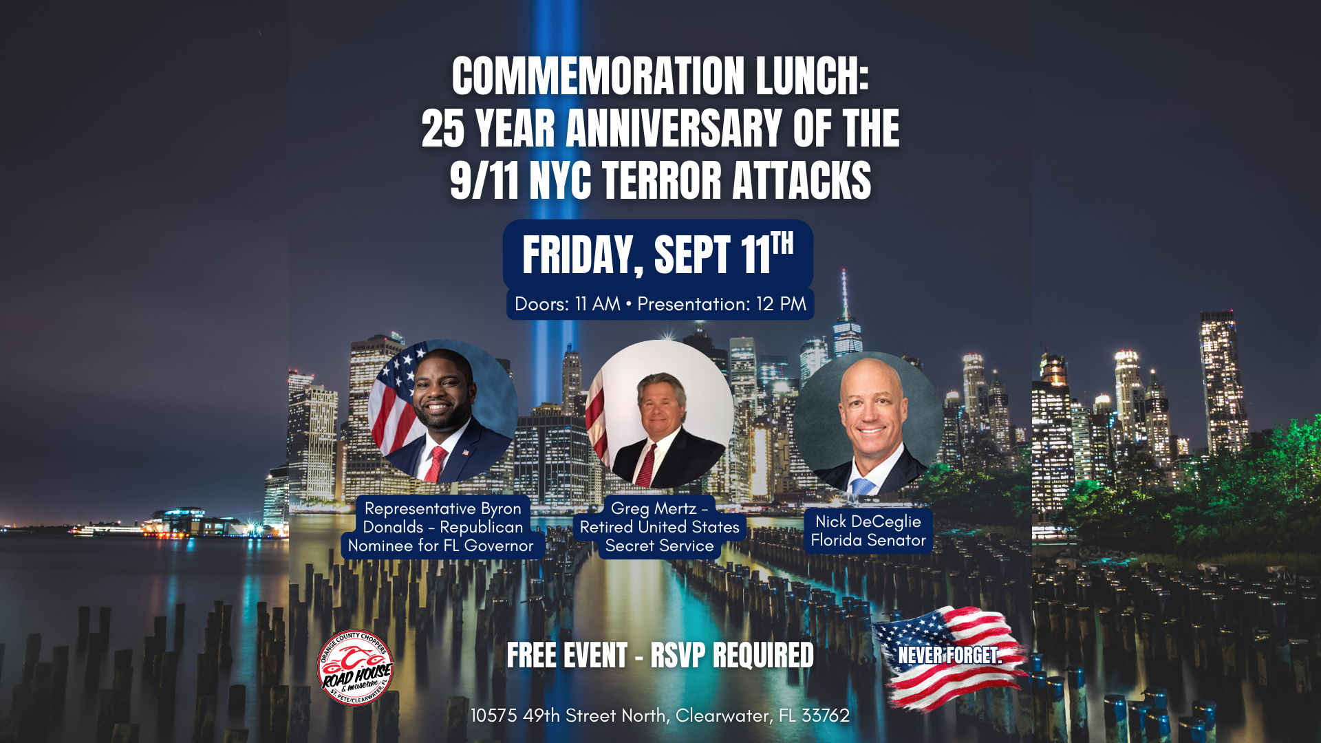 Event flyer for a 9/11 anniversary commemoration lunch with photos of three speakers, New York City skyline background, event details, and RSVP notice.