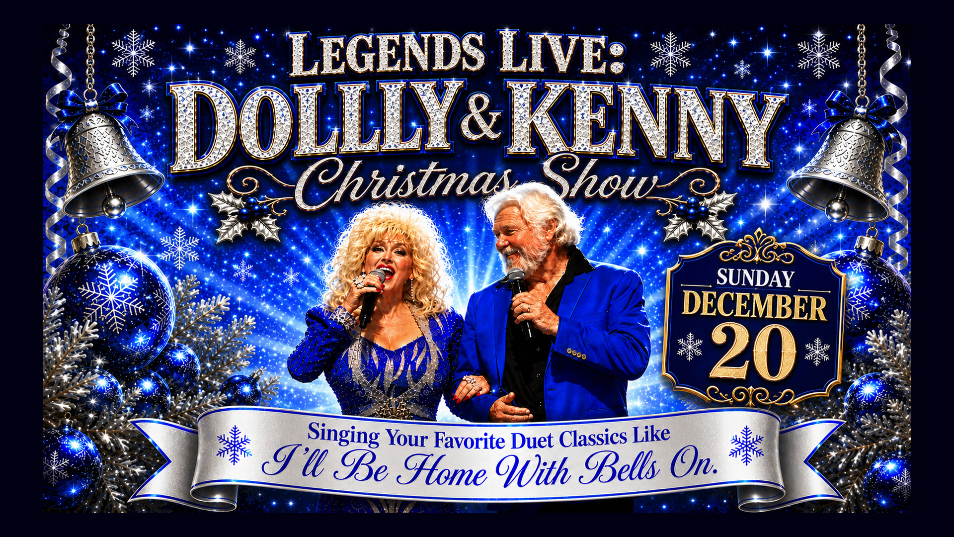 Dolly Parton and Kenny Rogers sing on stage together in festive attire for a Christmas show, surrounded by blue and silver holiday decorations and event details.
