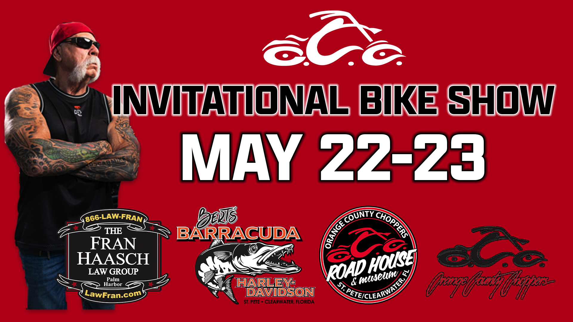 A man in sunglasses and a sleeveless shirt stands next to text promoting an Invitational Bike Show on May 22-23, with various sponsor logos on a red background.